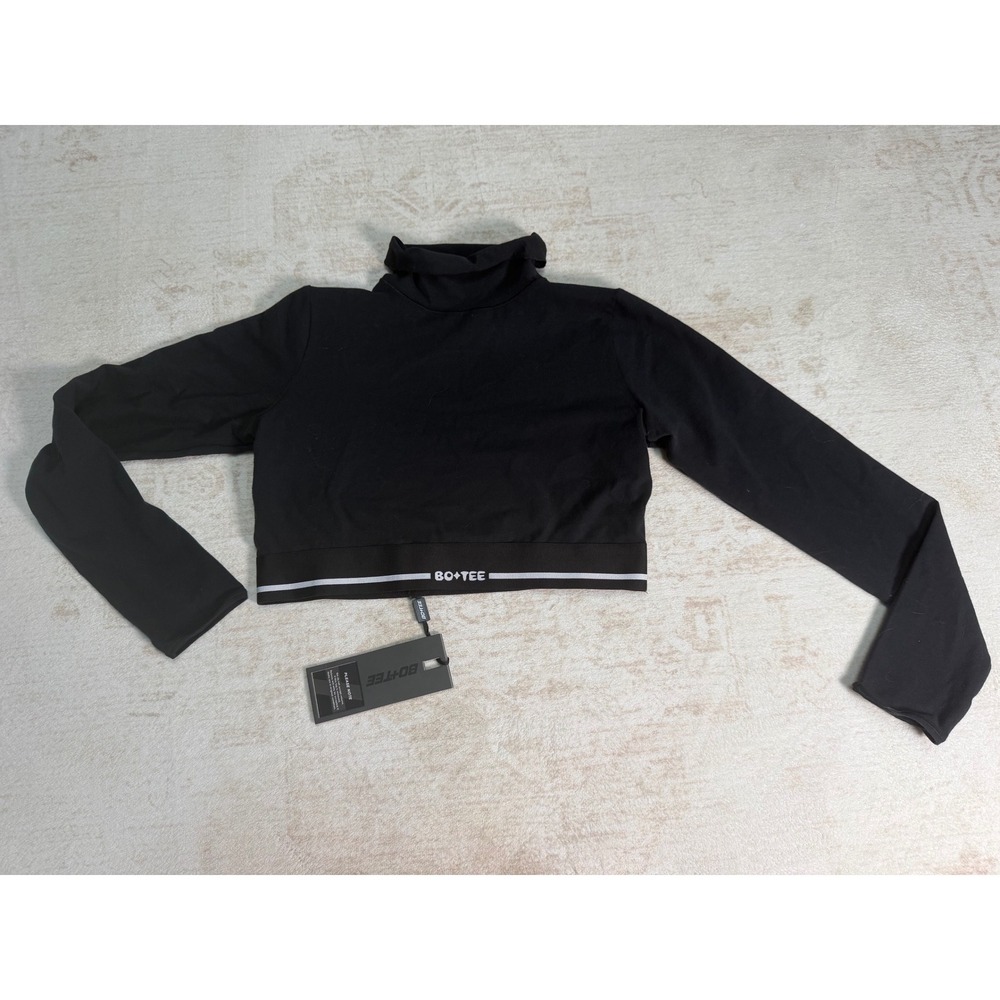 Bo+Tee Womens Black Long Sleeve Open Back Crop Top Turtleneck BT1374 Large